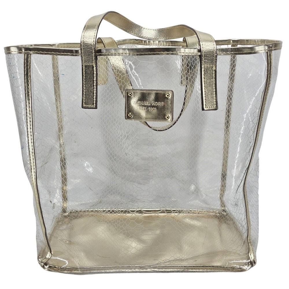 Michael Kors Clear Tote Bag Large Gold Metallic Transparent Snakeskin Beach Y2K